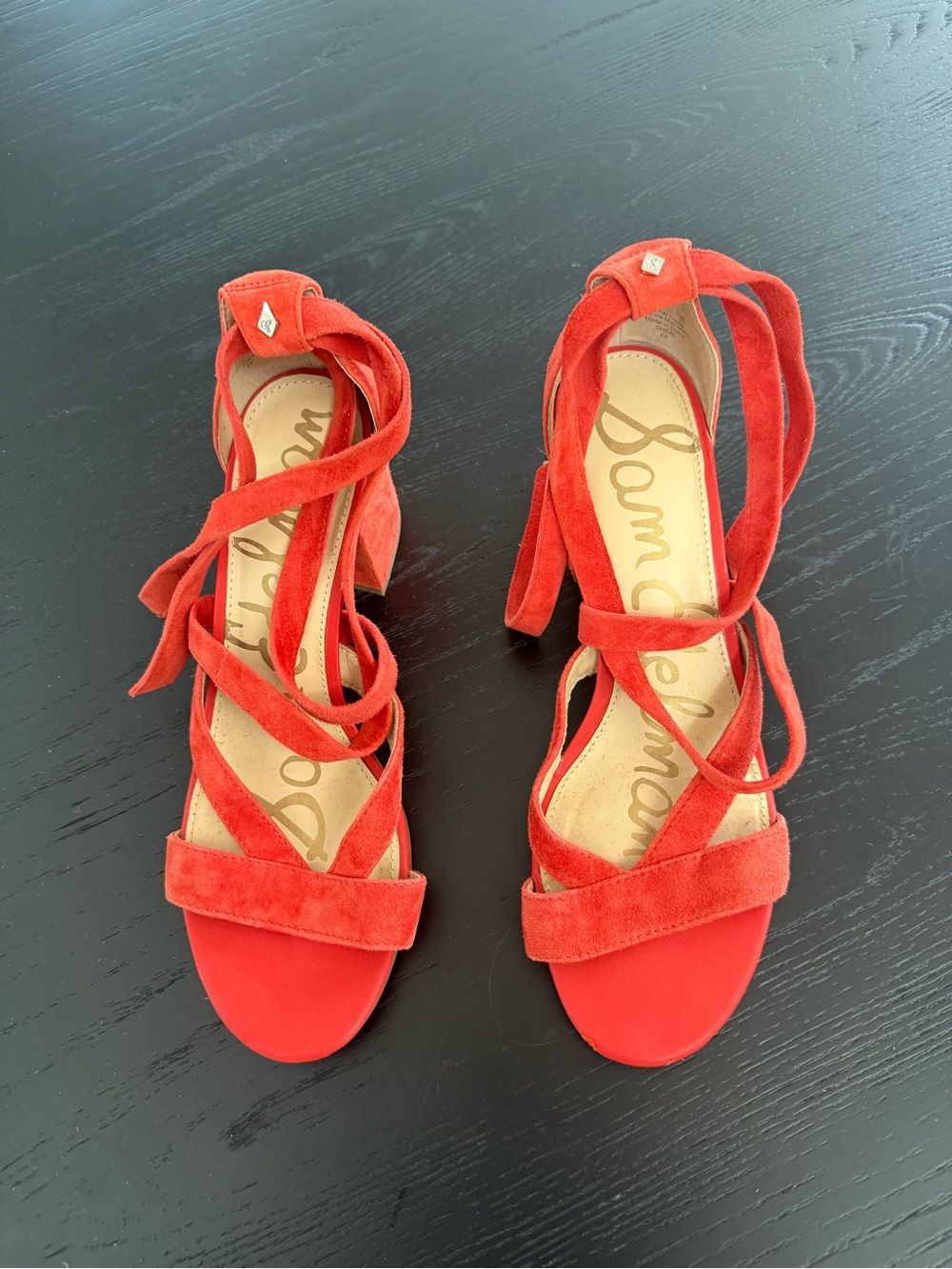 Sam Edelman orange Suede Wrap-Strap Block Heel Sandals